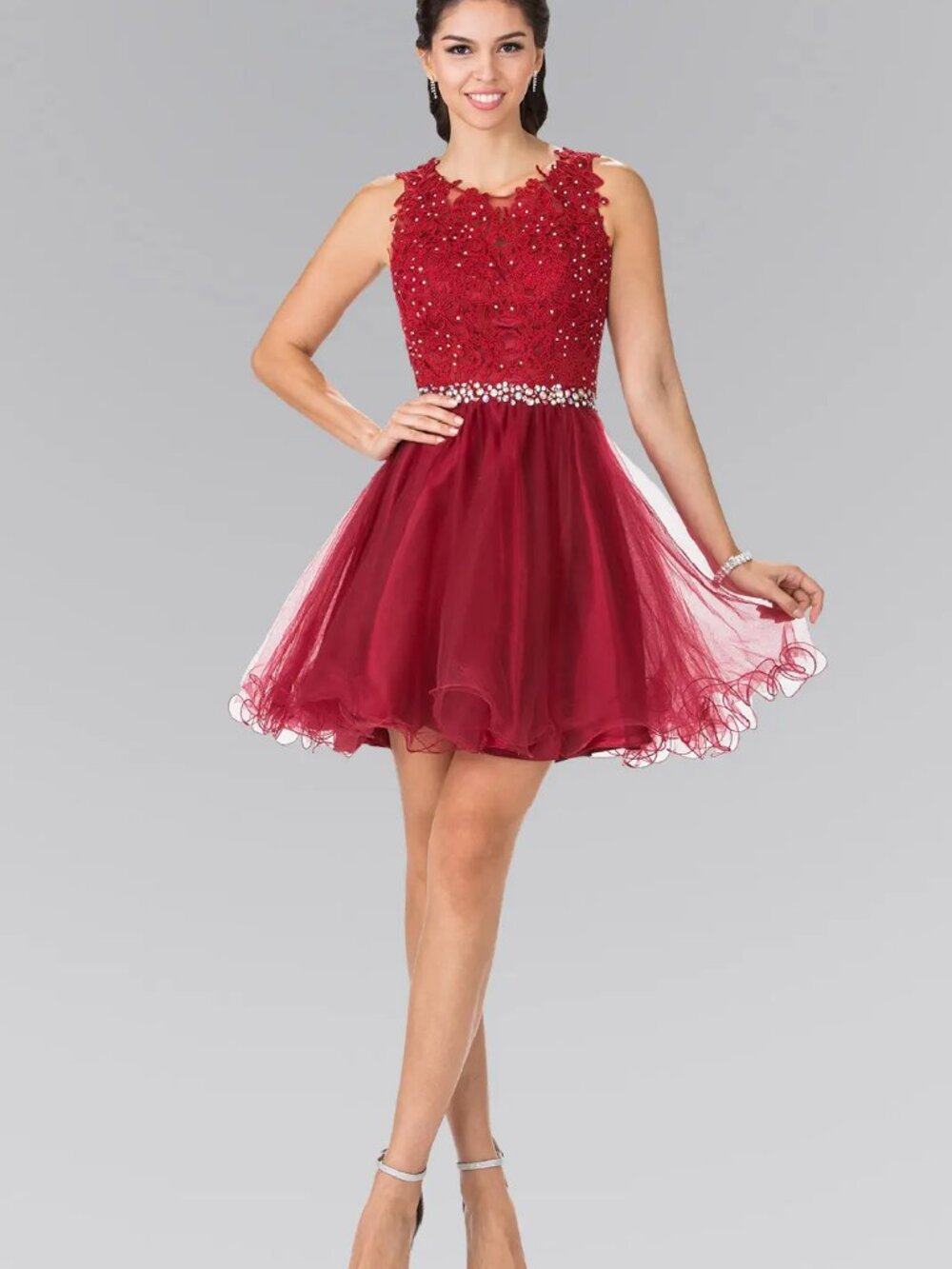 NEW BURGUNDY Lace & Beaded Illusion Neckline Cocktail Dress Embellished GS2375
